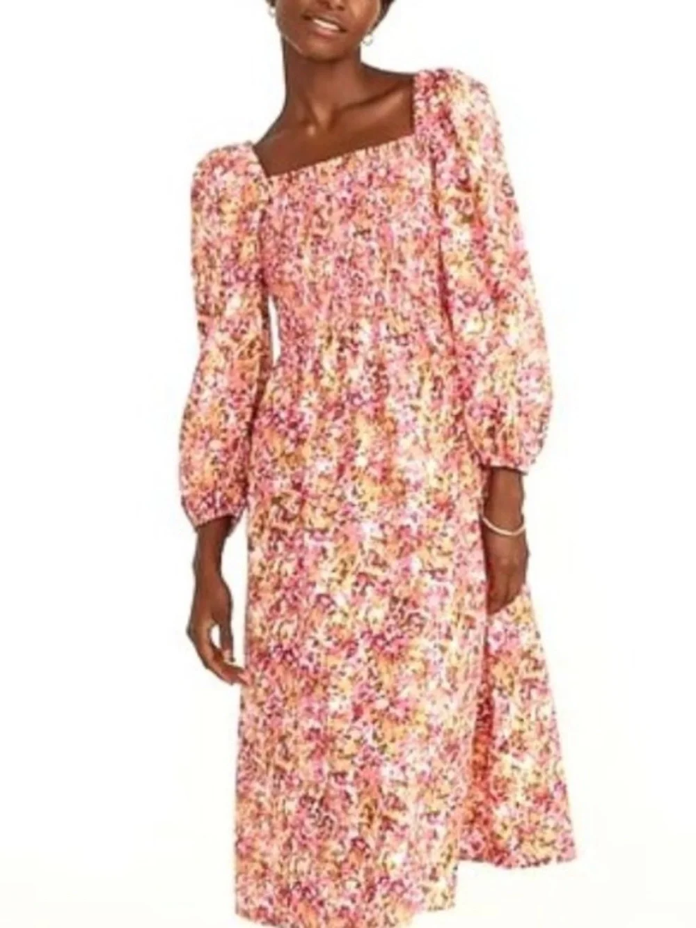 J. Crew Smocked Puff Sleeves Pink and Orange Floral dress - Picture 4 of 7
